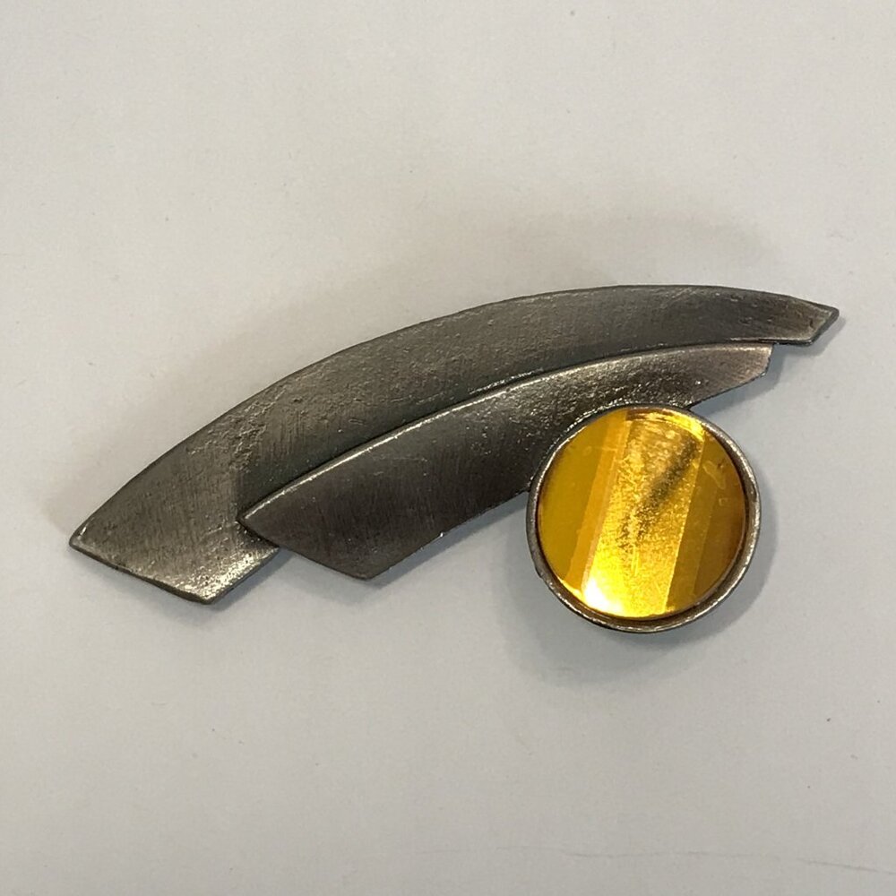 Abstract Antiqued Silver Tone & Amber Acrylic Brooch